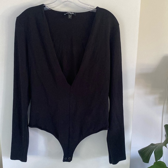 EXPRESS black very deep open v long sleeve bodysuit L - Picture 1 of 5